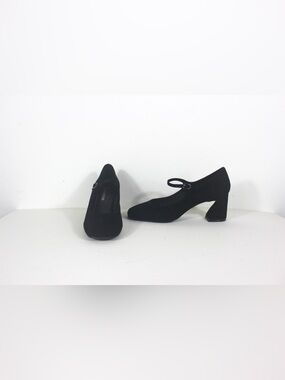 Size 8.5M Wishbone DAPHNE MARY JANE Black Suede Shoes with Flared Block Heel